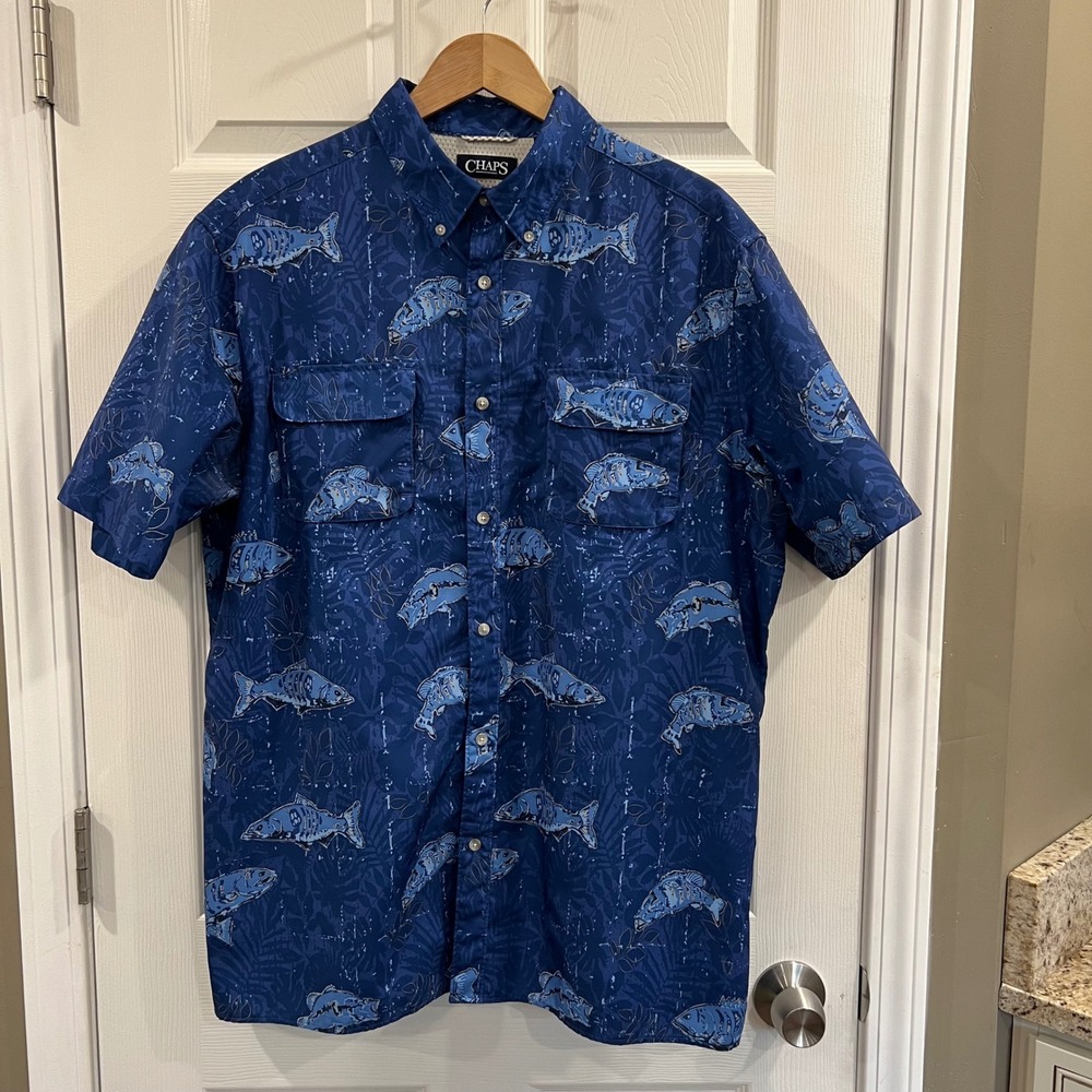 Chaps Mens XL Fishing Shirt Royal Navy Blue Fish Print Performance Button Down